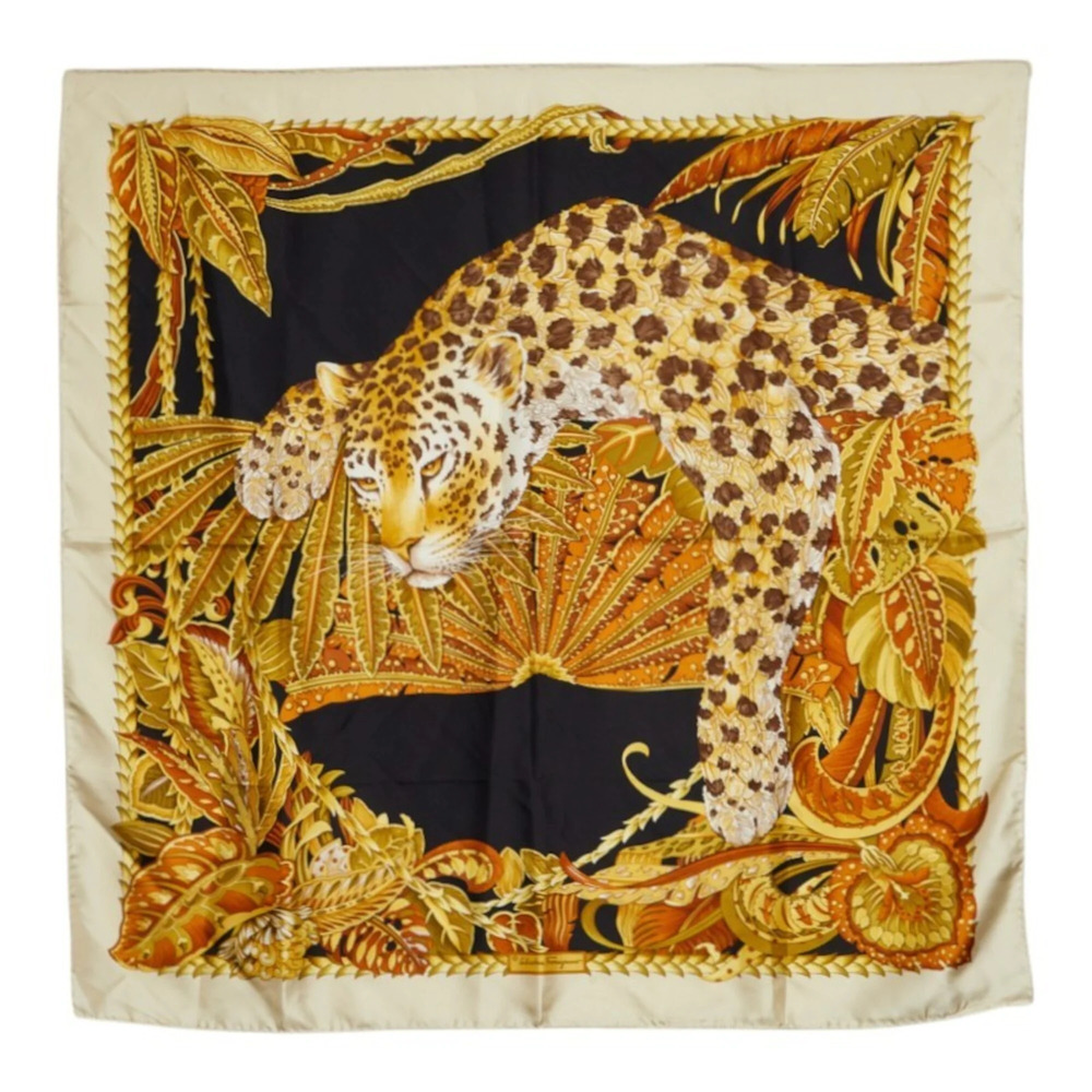 Salvatore Ferragamo Leopard Print Scarf/Muffler, Beige/Brown, 100% Silk, Wome...